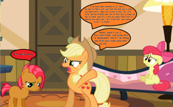 Size: 1281x793 | Tagged: safe, artist:estories, artist:swiftgaiathebrony, derpibooru import, apple bloom, applejack, babs seed, earth pony, pony, one bad apple, alternate ending, angry, karma, punishment, sweet apple acres