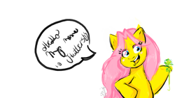 Size: 1152x648 | Tagged: safe, artist:sayityes, derpibooru import, fluttershy, pegasus, pony, female, simple background, solo, speech bubble, white background