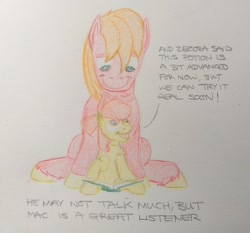 Size: 1280x1191 | Tagged: safe, artist:hoofclid, derpibooru import, apple bloom, big macintosh, earth pony, pony, book, female, filly, foal, male, siblings, stallion, text, traditional art