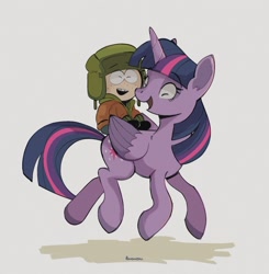 Size: 1186x1209 | Tagged: safe, artist:pononoin, derpibooru import, twilight sparkle, twilight sparkle (alicorn), alicorn, human, pony, crossover, cute, cutie mark, eyelashes, eyes closed, female, freckles, hat, horn, humans riding ponies, kyle broflovski, male, mare, open mouth, riding, riding a pony, simple background, smiling, south park, tail, teeth, unshorn fetlocks, wings