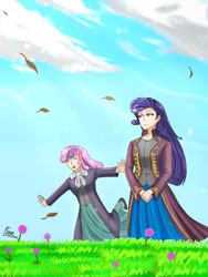 Size: 768x1024 | Tagged: safe, artist:lencai123, derpibooru import, rarity, sweetie belle, human, clothes, duo, female, grass, humanized, smiling