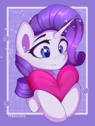 Size: 3000x4000 | Tagged: safe, artist:stravy_vox, derpibooru import, rarity, unicorn, abstract background, female, happy, heart, heart pillow, mare, pillow, smiling, solo, solo female