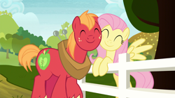 Size: 1920x1080 | Tagged: safe, derpibooru import, edit, edited screencap, screencap, big macintosh, fluttershy, earth pony, pegasus, pony, marks for effort, big macintosh's yoke, bipedal, character swap, cute, eyes closed, female, fence, fluttermac, freckles, horse collar, macabetes, male, mare, nuzzling, road, shipping, shyabetes, smiling, spread wings, straight, sweet apple acres, tree, wings