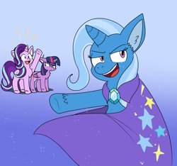 Size: 1965x1838 | Tagged: safe, artist:sp19047, derpibooru import, starlight glimmer, trixie, twilight sparkle, pony, unicorn, female, gradient background, pg, trio, twilight sparkle is not amused, unamused, waving