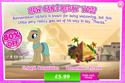 Size: 1953x1296 | Tagged: safe, derpibooru import, earth pony, pony, advertisement, beard, brown coat, brown mane, bucket, bush, clothes, egyptian, egyptian pony, english, facial hair, gameloft, headband, male, nekhet, numbers, official, palm tree, pyramid, sale, solo, solo focus, somnambula resident, stallion, tail, text, tree, vase, yellow mane, yellow tail