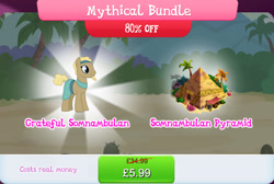 Size: 1267x853 | Tagged: safe, derpibooru import, earth pony, pony, beard, brown coat, brown mane, bucket, bundle, bush, clothes, egyptian, egyptian pony, english, facial hair, gameloft, headband, male, nekhet, numbers, official, palm tree, pyramid, sale, solo, solo focus, somnambula resident, stallion, tail, text, tree, vase, yellow mane, yellow tail