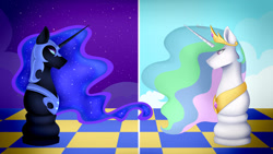 Size: 1280x721 | Tagged: safe, artist:bloodyartwork, derpibooru import, nightmare moon, princess celestia, pony, chess, duo, female