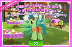 Size: 1961x1296 | Tagged: safe, derpibooru import, husani, earth pony, pony, clothes, egyptian, egyptian pony, english, food, gameloft, green coat, green fur, green mane, green tail, headband, male, official, pie, solo, solo focus, somnambula resident, stallion, tail, text