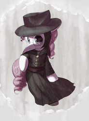 Size: 3000x4071 | Tagged: safe, artist:vultraz, derpibooru import, pinkie pie, earth pony, pony, abstract background, clothes, female, hat, jacket, looking at you, mare, pinktober, plague doctor, plague doctor mask, solo