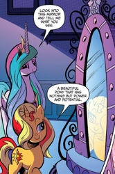 Size: 750x1127 | Tagged: safe, artist:andypriceart, derpibooru import, idw, princess celestia, sunset shimmer, alicorn, pony, unicorn, g4, spoiler:comicannual2013, dialogue, duo, duo female, female, looking at self, mare, mirror, narcissism, reflection, sin of pride, smiling, speech bubble, vanity