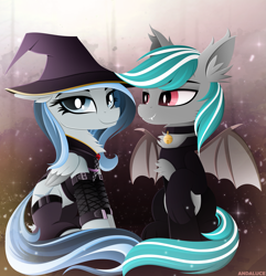 Size: 2607x2701 | Tagged: safe, artist:andaluce, derpibooru import, oc, oc only, oc:haze northfleet, oc:malachite cluster, bat pony, pegasus, pony, bat pony oc, bat wings, bell, bell collar, chest fluff, clothes, collar, costume, duo, duo male and female, ear fluff, ears, eyebrows, fangs, female, folded wings, grin, halloween, halloween costume, hat, high res, holiday, lineless, looking at someone, looking at you, male, mare, mlp fim's twelfth anniversary, pegasus oc, signature, sitting, smiling, smiling at you, socks, spread wings, stallion, wings, witch costume, witch hat