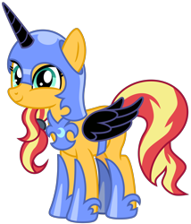Size: 3868x4509 | Tagged: safe, artist:emeraldblast63, derpibooru import, nightmare moon, sunset shimmer, pony, unicorn, g4, chestplate, cosplay, costume, cute, female, mare, nightmare moon armor, nightmare night costume, shimmerbetes, simple background, solo, transparent background