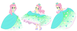 Size: 900x360 | Tagged: safe, artist:sapphiregamgee, derpibooru import, fluttershy, equestria girls, alternate hairstyle, bare shoulders, blushing, clothes, commission, dress, evening gloves, fashion, fashion style, feet, female, gloves, gown, high heels, jewelry, long gloves, shoes, simple background, sleeveless, solo, strapless, tiara, toy, transparent background, wedge heel