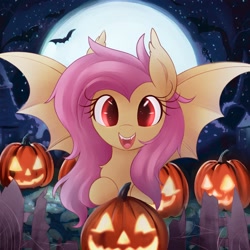 Size: 3000x3000 | Tagged: safe, artist:illusion, derpibooru import, fluttershy, bat, bat pony, bat ponified, cute, female, flutterbat, full moon, halloween, holiday, jack-o-lantern, looking at you, mare, moon, nightmare night, open mouth, open smile, pumpkin, race swap, shyabates, shyabetes, smiling, smiling at you, solo, spread wings, wings