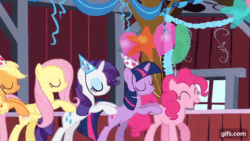 Size: 640x360 | Tagged: safe, derpibooru import, screencap, applejack, fluttershy, pinkie pie, rarity, twilight sparkle, unicorn twilight, earth pony, pegasus, pony, unicorn, party of one, season 1, animated, bipedal, butt touch, conga line, eyes closed, female, gif, gifs.com, hat, hoof on butt, mare, party hat