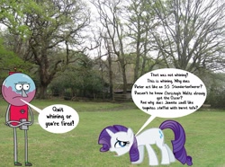 Size: 1700x1263 | Tagged: safe, derpibooru import, rarity, pony, unicorn, a dog and pony show, benson, deviantart, photo, photoshop, regular show, speech bubble