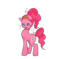 Size: 4096x3837 | Tagged: safe, artist:fluttr3, derpibooru import, pinkie pie, earth pony, pony, alternate hairstyle, cute, diapinkes, female, jewelry, looking down, mare, open mouth, open smile, ponytail, simple background, smiling, solo, tiara, white background