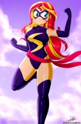 Size: 1020x1560 | Tagged: safe, artist:the-butch-x, derpibooru import, sunset shimmer, human, equestria girls, 2020, bare shoulders, breasts, captain marvel (marvel), clothes, commission, female, leotard, old art, sleeveless, solo, sunset jiggler, superhero