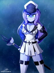Size: 1400x1860 | Tagged: safe, artist:the-butch-x, derpibooru import, princess luna, vice principal luna, human, equestria girls, 2020, akame ga kill!, breasts, cleavage, clothes, commission, cosplay, costume, esdeath, female, old art, princess balloona, solo, weapon