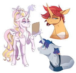 Size: 1280x1235 | Tagged: safe, artist:primrosepaper, derpibooru import, oc, oc only, oc:cosmo twinkle, oc:starblaze, oc:wedding bells, pony, unicorn, bow, clipboard, crown, female, glasses, jewelry, levitation, lidded eyes, magic, male, mare, multiple parents, offspring, parent:applejack, parent:fluttershy, parent:pinkie pie, parent:princess cadance, parent:rainbow dash, parent:rarity, parent:shining armor, parent:starlight glimmer, parent:sunburst, parent:twilight sparkle, parents:omniship, parents:shiningcadance, parents:starburst, regalia, simple background, stallion, tail, tail bow, telekinesis, trio, watermark, white background