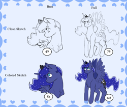 Size: 1120x943 | Tagged: safe, artist:luna_mcboss, derpibooru import, princess luna, alicorn, pony, bust, full body, price sheet