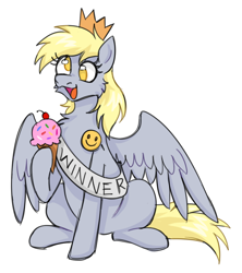 Size: 800x900 | Tagged: safe, artist:mechanakal, derpibooru exclusive, derpibooru import, derpy hooves, pegasus, pony, cherry, cross-eyed, crown, cute, derpabetes, female, food, happy, ice cream, ice cream cone, jewelry, mare, open mouth, open smile, regalia, sash, simple background, sitting, smiley face, smiling, solo, spread wings, sprinkles, sticker, white background, wings, winner