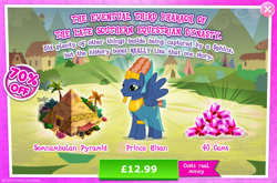 Size: 1957x1295 | Tagged: safe, derpibooru import, prince hisan, pegasus, pony, advertisement, blue coat, blue fur, bucket, bush, clothes, costs real money, egyptian, egyptian headdress, egyptian pony, english, fake beard, gameloft, gem, house, male, numbers, official, orange mane, orange tail, palm tree, pyramid, sale, see-through, short tail, solo, solo focus, spread wings, stallion, tail, text, tree, vase, wings