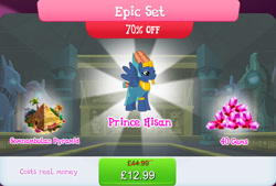 Size: 1266x855 | Tagged: safe, derpibooru import, prince hisan, pegasus, pony, blue coat, blue fur, bucket, bundle, bush, clothes, costs real money, egyptian, egyptian headdress, egyptian pony, english, fake beard, gameloft, gem, male, numbers, official, orange mane, orange tail, palm tree, pyramid, sale, see-through, short tail, solo, solo focus, spread wings, stallion, statue, tail, text, tree, vase, wings