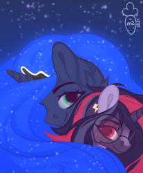 Size: 1152x1388 | Tagged: safe, artist:sam2up, derpibooru import, princess luna, oc, alicorn, pony, unicorn, bust, canon x oc, commission, cute, duo, fanfic art, glasses, night, portrait, ych example, ych result, your character here