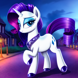 Size: 1024x1024 | Tagged: safe, derpibooru import, editor:siber, generator:stable diffusion, machine learning generated, rarity, pony, unicorn, female, hoof shoes, jewelry, looking at you, mare, raised leg, regalia, solo