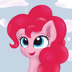 Size: 1024x1024 | Tagged: safe, artist:sparkfler85, artist:thisponydoesnotexist, derpibooru import, machine learning generated, part of a set, pinkie pie, earth pony, pony, bust, cloud, cute, female, happy, portrait, redraw, simple background, solo