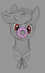 Size: 650x1050 | Tagged: safe, artist:stray prey, derpibooru import, oc, oc only, oc:cherry cordial, pony, donut, food, partial color, solo