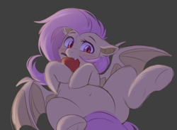 Size: 1132x828 | Tagged: safe, artist:higglytownhero, derpibooru import, fluttershy, bat pony, pegasus, apple, bat ears, bat eyes, bat ponified, bat wings, belly, belly button, biting, blushing, cute, ears, eating, fangs, female, floppy ears, flutterbat, food, fruit, gray background, looking at you, lying down, mare, nom, on back, plump, race swap, red eyes, shyabates, shyabetes, simple background, solo, wings