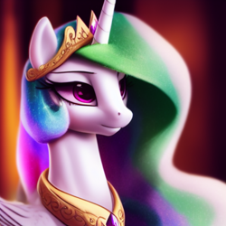 Size: 1024x1024 | Tagged: safe, derpibooru import, generator:purplesmart.ai, generator:stable diffusion, machine learning generated, princess celestia, alicorn, pony, g4, beautiful, bust, crown, cute, female, jewelry, mare, portrait, regalia, slim, smiling, solo