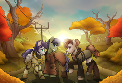 Size: 1920x1304 | Tagged: safe, artist:magicstarfriends, derpibooru import, oc, oc only, oc:bronco wild, oc:silent kosmos, oc:trueshot, earth pony, pegasus, pony, fallout equestria, armor, clothes, mareford militia, ncr, ncr ranger, power armor, royal guard