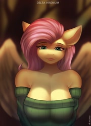 Size: 1750x2430 | Tagged: safe, artist:delta hronum, derpibooru import, fluttershy, anthro, pegasus, big breasts, breasts, bust, cleavage, clothes, female, hootershy, lips, lipstick, looking at you, mare, off shoulder, off shoulder sweater, solo, stupid sexy fluttershy, sweater, sweatershy, tree