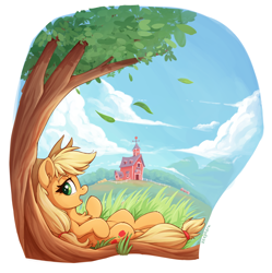 Size: 1706x1714 | Tagged: safe, artist:zeepheru_pone, derpibooru import, applejack, earth pony, pony, applejack's hat, clothes, cloud, cowboy hat, ear fluff, ears, falling leaves, female, full body, grass, hat, leaves, looking at you, lying down, mare, mountain, on back, solo, sweet apple acres, sweet apple acres barn, tree