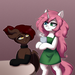 Size: 2000x2000 | Tagged: safe, artist:alunedoodle, derpibooru import, oc, oc only, oc:bubblegum kiss, oc:whiskey dreams, demon, demon pony, incubus, unicorn, apron, clothes, coffee cup, coffee mug, couple, cup, mug