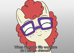 Size: 1522x1080 | Tagged: safe, artist:happy harvey, derpibooru import, twist, earth pony, pony, bronybait, bust, cute, dialogue, drawn on phone, drawthread, eyes closed, female, filly, foal, freckles, glasses, gradient background, looking at you, ponified, smiling, smiling at you, solo, talking to viewer