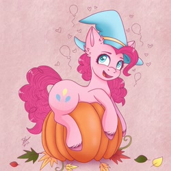 Size: 2169x2160 | Tagged: safe, artist:galaxy swirl, derpibooru import, pinkie pie, earth pony, pony, ear fluff, ears, leaves, pumpkin, solo