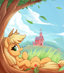 Size: 1080x1220 | Tagged: safe, alternate version, artist:zeepheru_pone, derpibooru import, applejack, earth pony, pony, applejack's hat, clothes, cloud, cowboy hat, ear fluff, ears, falling leaves, female, full body, grass, hat, leaves, looking at you, lying down, mare, mountain, on back, solo, sweet apple acres, sweet apple acres barn, tree