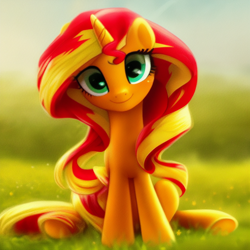 Size: 1024x1024 | Tagged: safe, derpibooru import, editor:siber, generator:stable diffusion, machine learning generated, sunset shimmer, pony, unicorn, cute, female, head tilt, looking at you, mare, sitting, smiling, smiling at you, solo