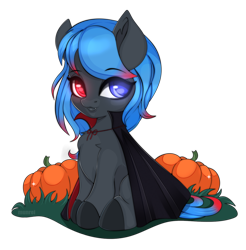 Size: 1422x1446 | Tagged: safe, artist:munrei, derpibooru import, oc, oc only, oc:midnight bloom, pony, chibi, clothes, commission, costume, cute, fangs, halloween, halloween costume, heterochromia, holiday, pumpkin, simple background, solo, transparent background, ych result