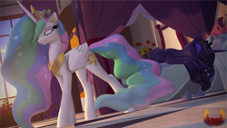 Size: 7680x4320 | Tagged: safe, artist:loveslove, derpibooru import, princess celestia, princess luna, alicorn, pony, 3d, absurd file size, absurd resolution, bed, cute, cutelestia, duo, duo female, ethereal mane, ethereal tail, eyes closed, female, flower, flower in hair, folded wings, horn, jewelry, looking at someone, lunabetes, pillow, potted plant, regalia, royal sisters, siblings, sisters, sleeping, smiling, starry mane, starry tail, tail, wings