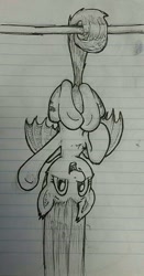 Size: 672x1280 | Tagged: safe, artist:whiskeypanda, derpibooru import, fluttershy, bat pony, bat ponified, doodle, flutterbat, hanging, hanging by tail, hanging upside down, happy, ink, ink drawing, lined paper, looking at you, monochrome, open mouth, race swap, traditional art, upside down, waving, waving at you