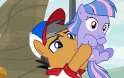 Size: 800x502 | Tagged: safe, derpibooru import, screencap, clear sky, quibble pants, wind sprint, earth pony, pegasus, pony, unicorn, common ground, animated, baseball cap, cap, clothes, female, filly, foal, freckles, hat, lifting, male, mare, piggyback ride, ponies riding ponies, riding, shirt, stallion, talking, unamused, wind sprint is not amused, wind sprint riding quibble pants
