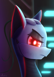 Size: 2266x3206 | Tagged: safe, artist:harukiicat, derpibooru import, oc, oc only, oc:xr-47 primax, pony, robot, robot pony, antenna, background, bust, digital art, futuristic, gift art, glowing, glowing eyes, looking at you, portrait, red eyes, serious, serious face, simple background, solo