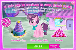 Size: 1961x1295 | Tagged: safe, derpibooru import, sugar belle, pony, unicorn, advertisement, cake, crown, english, female, food, gameloft, gem, horn, jewelry, mare, numbers, official, older, older sugar belle, pink coat, pink fur, purple mane, purple tail, regalia, sale, solo, solo focus, tail, text