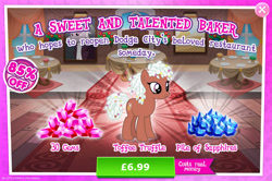 Size: 1961x1301 | Tagged: safe, derpibooru import, idw, earth pony, pony, advertisement, brown coat, brown fur, costs real money, english, female, gameloft, gem, idw showified, mare, numbers, official, sale, solo, solo focus, table, tail, text, toffee truffle, white mane, white tail