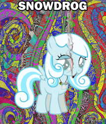 Size: 600x700 | Tagged: safe, artist:mlpfbismagic, derpibooru import, oc, oc only, oc:snowdrop, pegasus, pony, abstract background, blind, bloodshot eyes, caption, deep fried meme, drugs, female, filly, foal, joint, mare, marijuana, meme, pun, smoking, solo, spanish, text